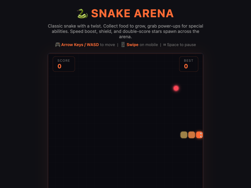 Snake Arena gameplay showing pixel art snake navigating the arena with glow effects