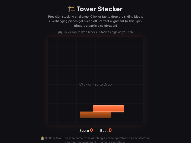 Tower Stacker gameplay showing a narrow stack with a falling block about to land off-center